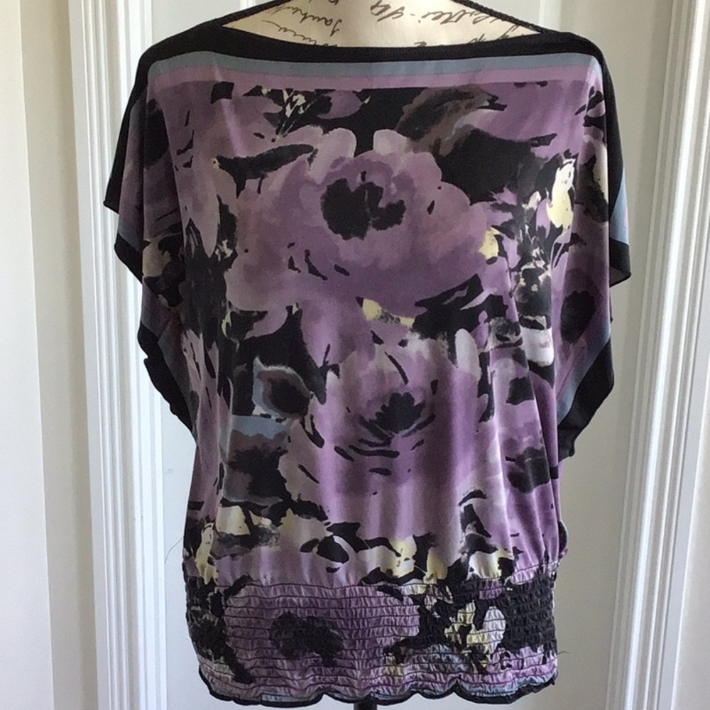BCX Purple and Black Blouse short sleeve stirred waist Sz S